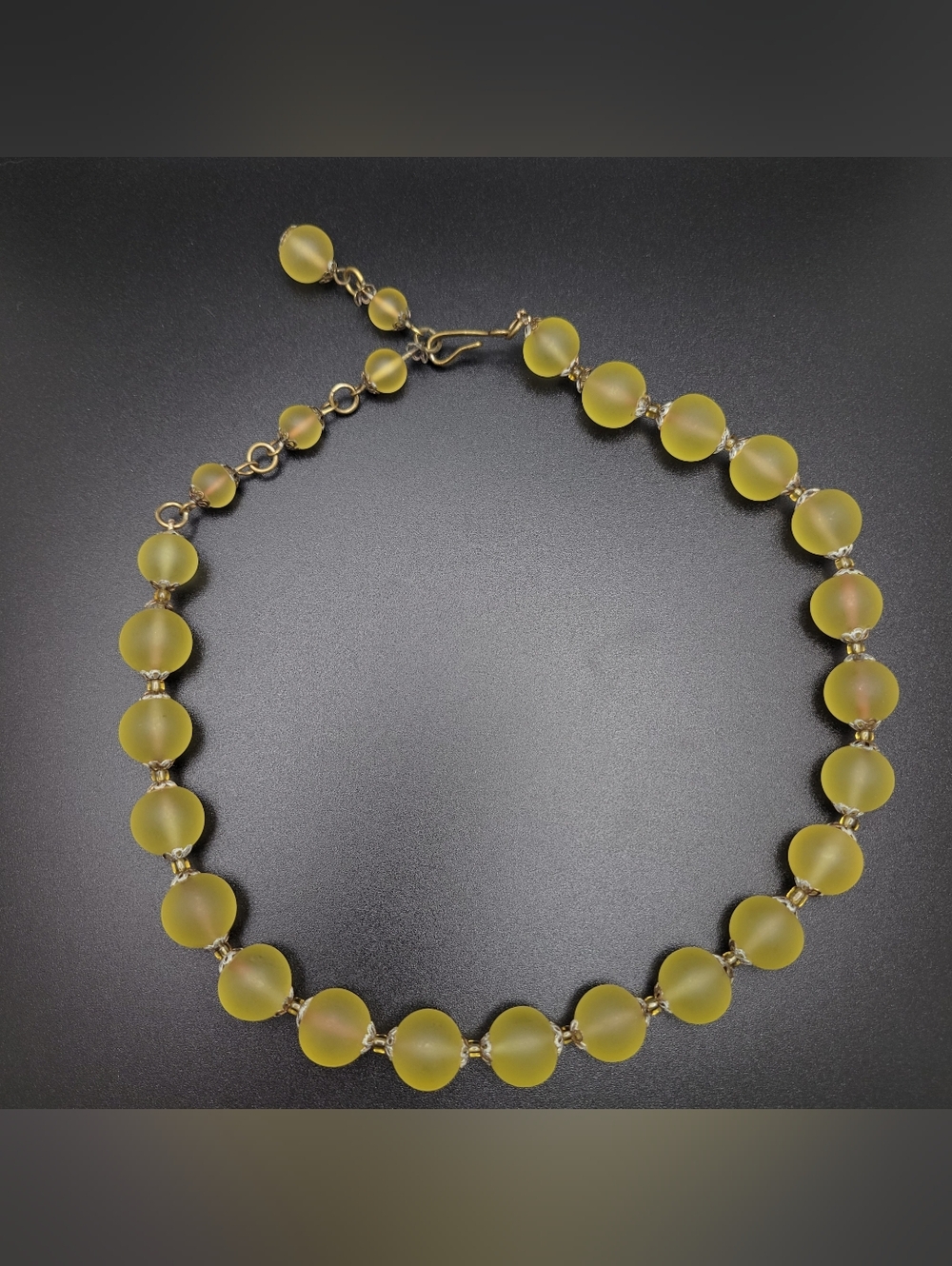 Vintage Frosted Yellow Glass Bead Necklace Large Filigree Caps Statement c1930s